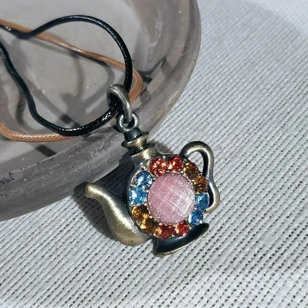 Rustic Antique Bronze Rhinestones Teapot Pendant Necklace Vegan Leather Cord - Picture 5 of 11